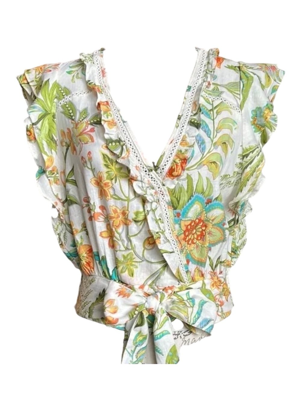 Rachel Zoe White Floral Tie-Front Ruffle Wrap Top Size M - Picture 2 of 5